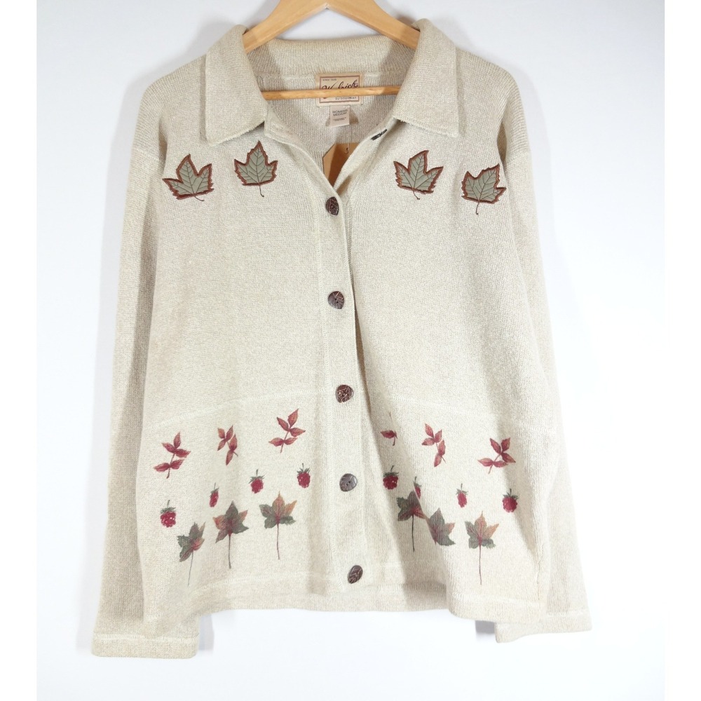 VTG Woolrich Cardigan Women Medium Beige Autumnal Leaf Knit Cottagecore Sweater